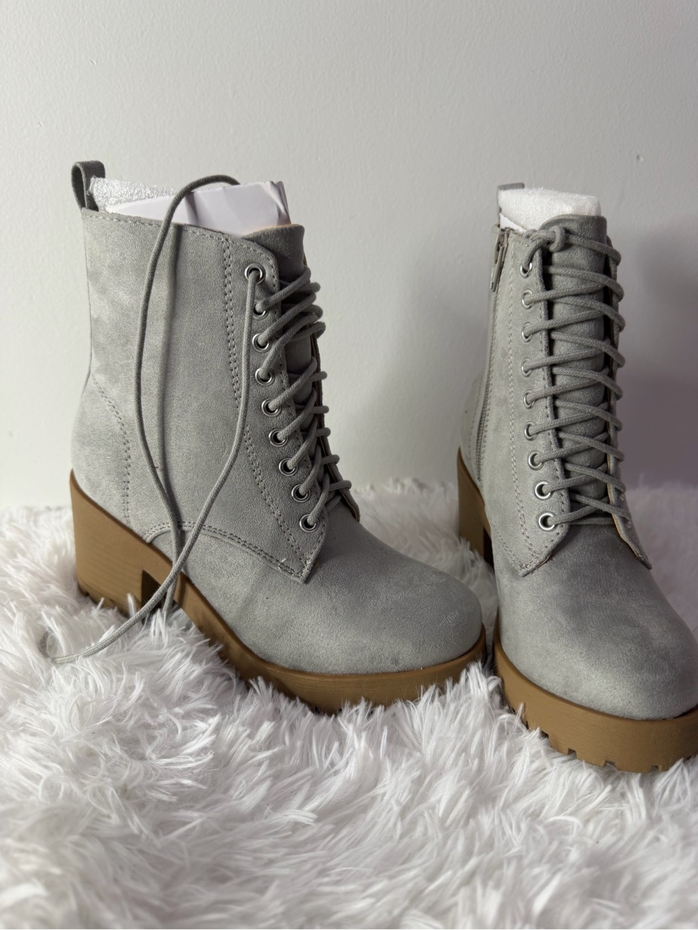 Women’s Gray Lace-Up Platform Boots with Chunky Tan Sole